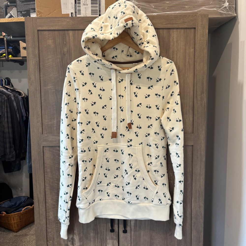 Wanakome Women Cream Palm Tree Print Hoodie Sweatshirt Small Vegan Leather Trim